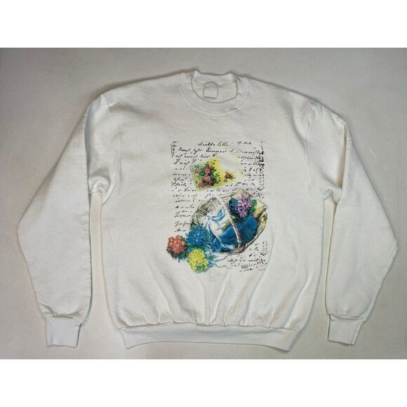 VINTAGE Floral Flower Graphic Crewneck Sweatshirt Women Large White USA 90s - Picture 1 of 5